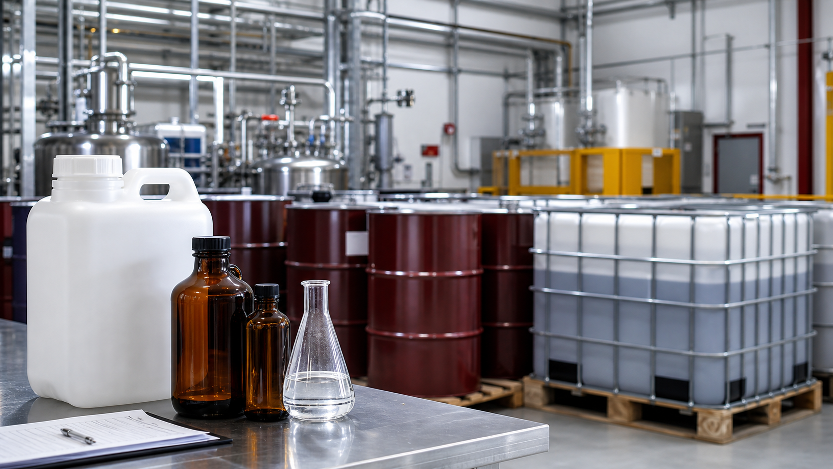Sealed industrial chemical containers in a regulated logistics facility