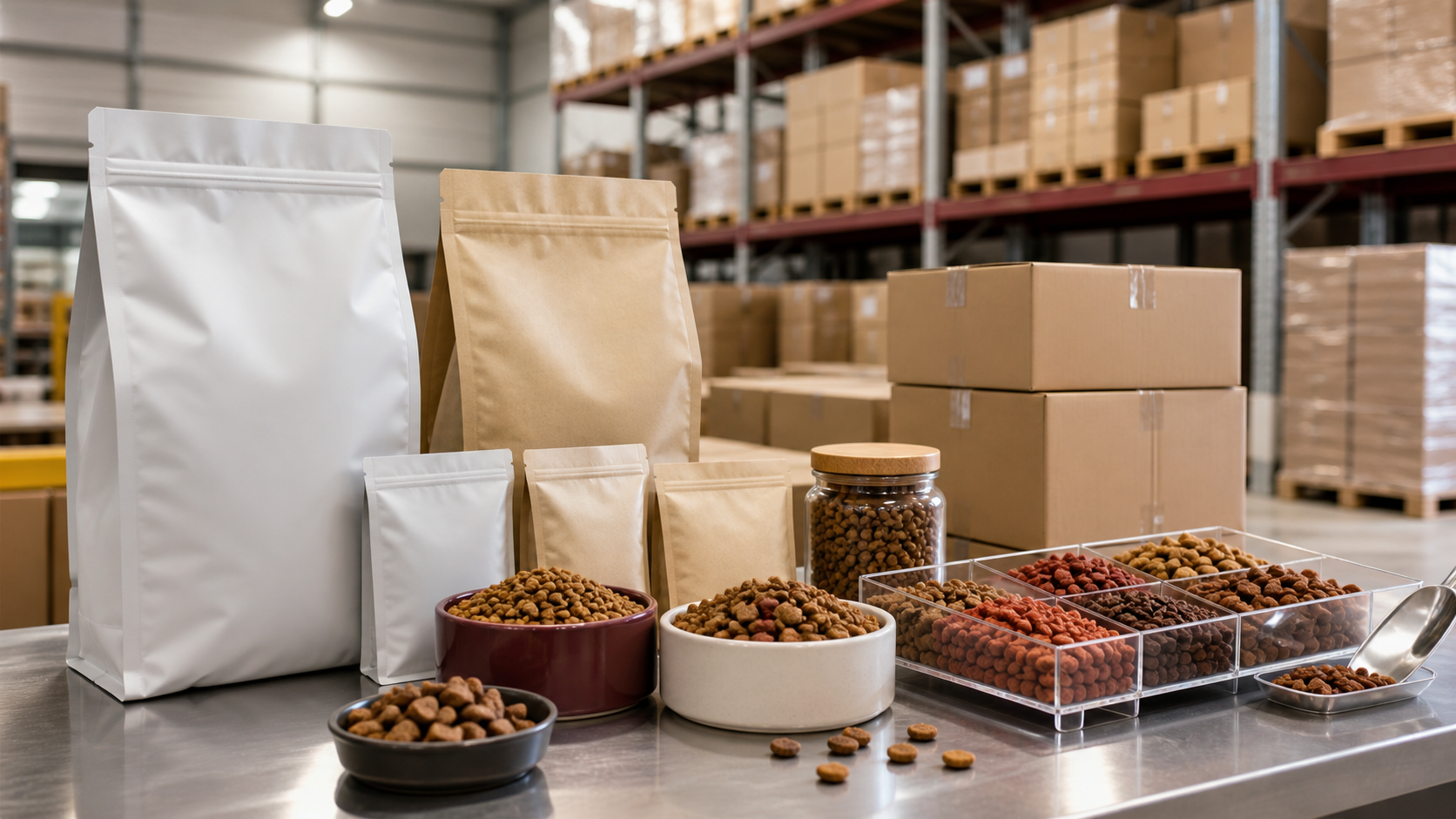 Pet food samples and blank packaging prepared for B2B distribution
